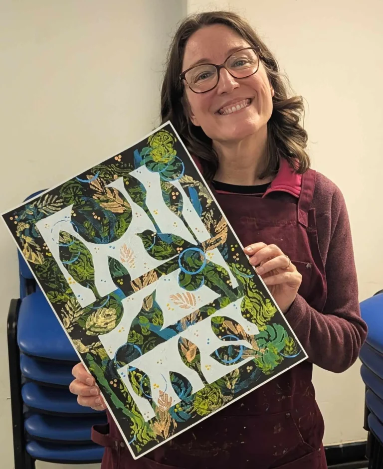 Basingstoke art class student showing her beautiful artwork.