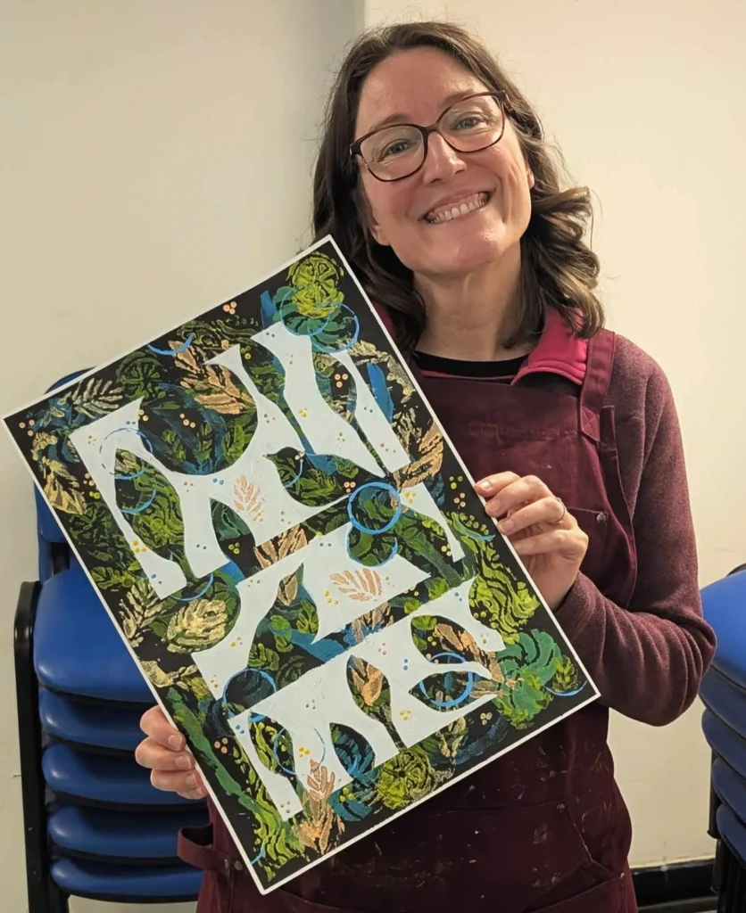 Basingstoke art class student showing her beautiful artwork.